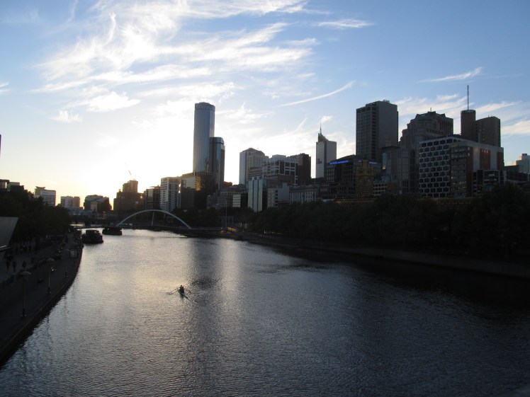 Melbourne skyline at sunset.